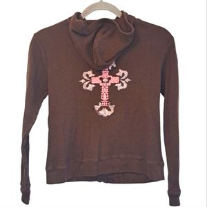 Jazzie Brown Hooded Sweatshirt Hoodie Pouch Cross Graphic Sequins Size Large